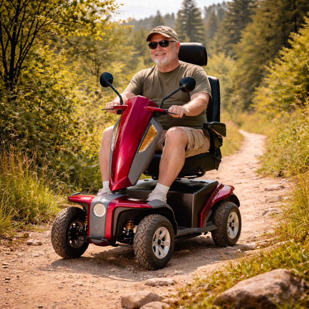 A smiling older man in sunglasses and a cap rides a red Heartway VitaExpress Heavy Duty All-Terrain Scooter along a sunny, wooded dirt trail, surrounded by lush greenery and tall trees.