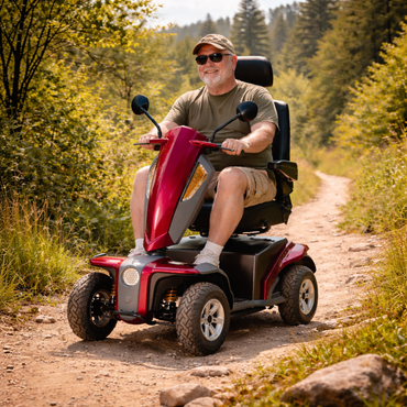 A smiling older man in sunglasses and a cap rides a red Heartway VitaExpress Heavy Duty All-Terrain Scooter along a sunny, wooded dirt trail, surrounded by lush greenery and tall trees.