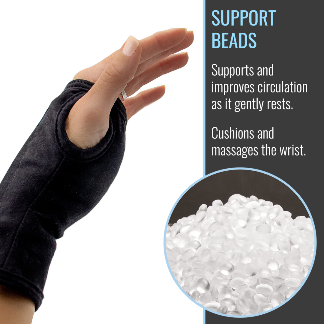 A hand wears a Heelbo Carpal Tunnel Wrist Brace (fits left & right hands) with exposed fingers. An inset shows support beads. Text: SUPPORT BEADS. Cushions, massages, relieves wrist pain, and improves circulation.