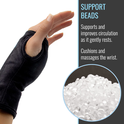 A hand wears a Heelbo Carpal Tunnel Wrist Brace (fits left & right hands) with exposed fingers. An inset shows support beads. Text: SUPPORT BEADS. Cushions, massages, relieves wrist pain, and improves circulation.