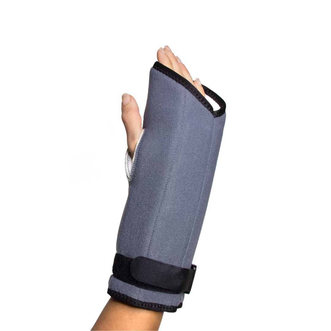 A hand wears the Heelbo Night Wrist Support Brace, a gray brace with a black strap, designed for wrist support and carpal tunnel pain relief. White background.