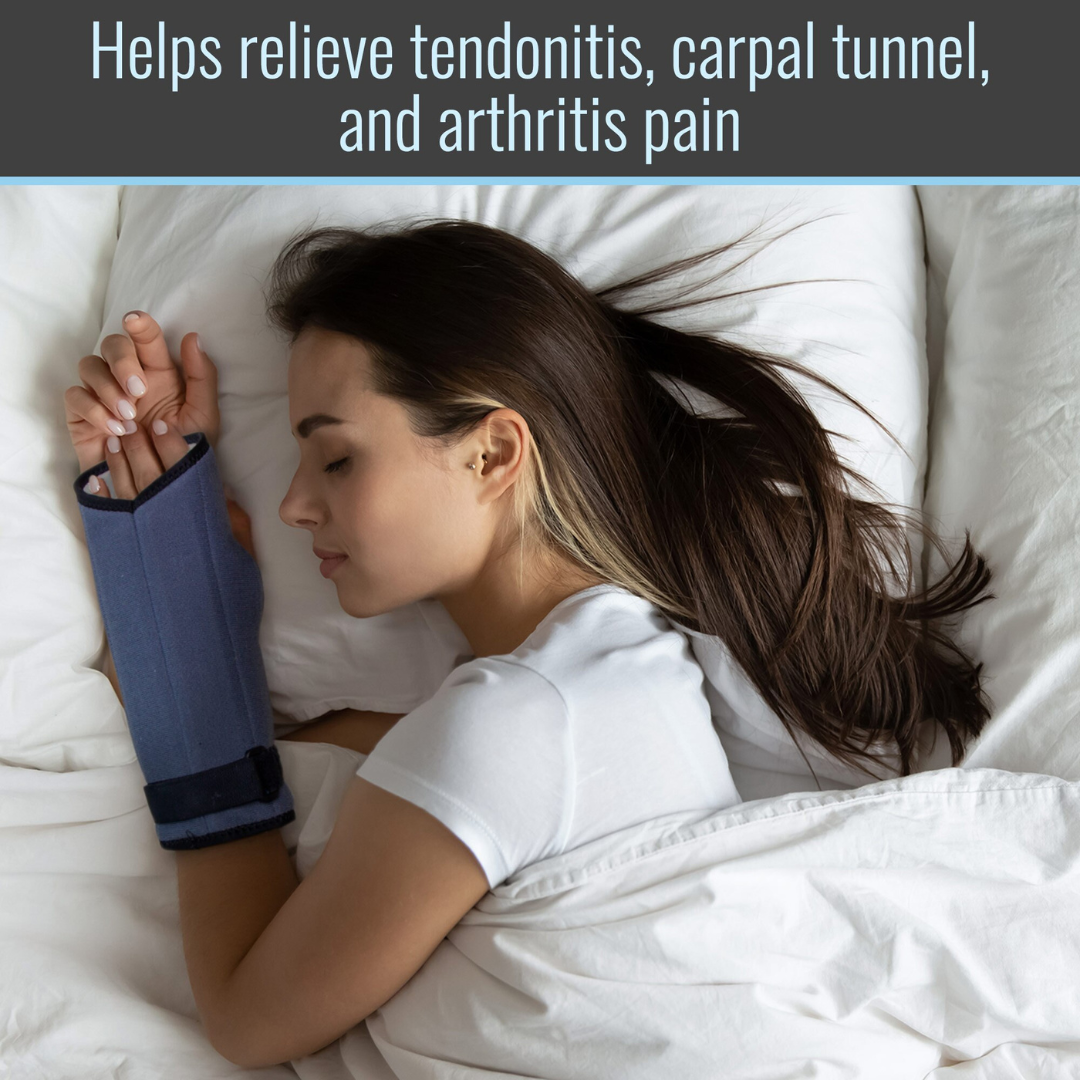 A woman with long brown hair sleeps on her side, wearing the Heelbo Night Wrist Support Brace in blue. Text: Provides wrist support and relief from carpal tunnel, tendonitis, and arthritis pain.