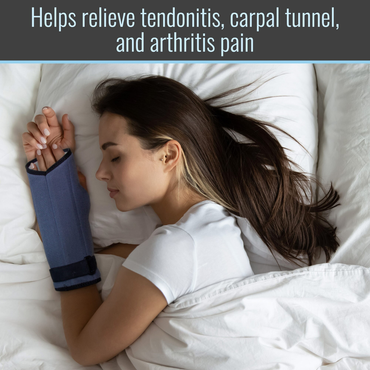 A woman with long brown hair sleeps on her side, wearing the Heelbo Night Wrist Support Brace in blue. Text: Provides wrist support and relief from carpal tunnel, tendonitis, and arthritis pain.