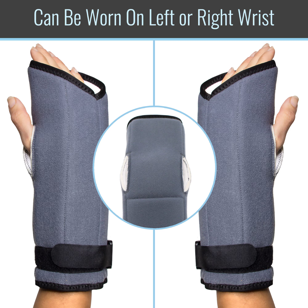 Two hands wear Heelbo Night Wrist Support Braces with black straps on left and right wrists for carpal tunnel pain relief. A center inset highlights the brace. Text reads: Can Be Worn On Left or Right Wrist.