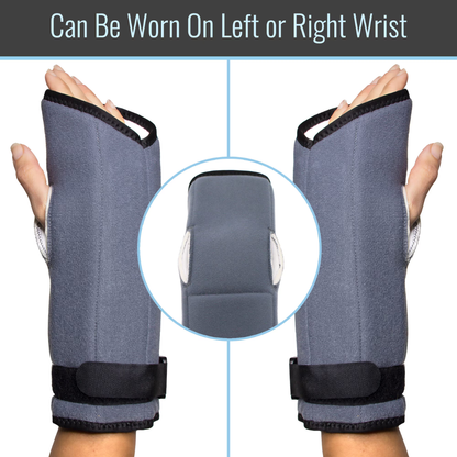 Two hands wear Heelbo Night Wrist Support Braces with black straps on left and right wrists for carpal tunnel pain relief. A center inset highlights the brace. Text reads: Can Be Worn On Left or Right Wrist.