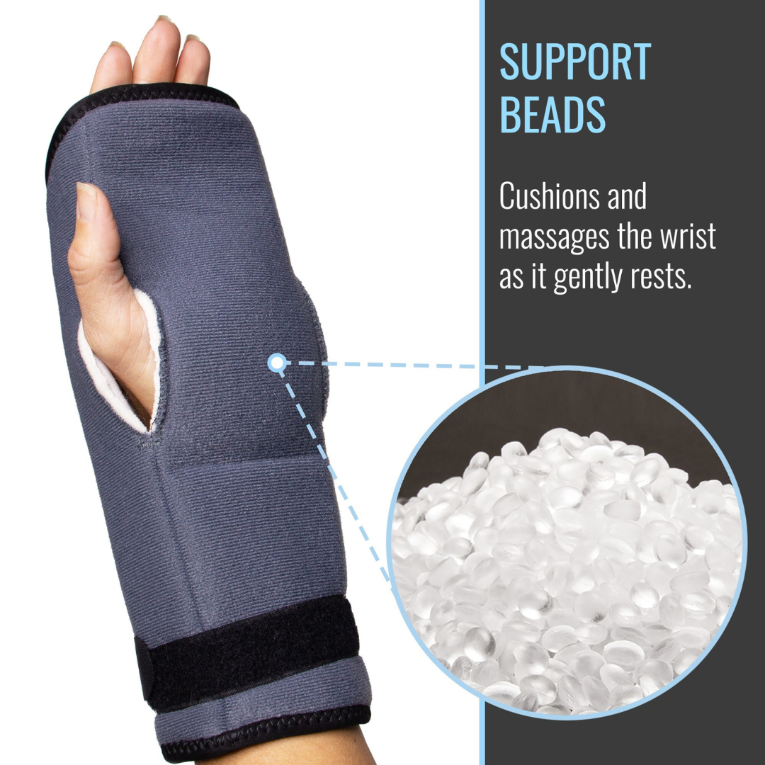 A hand wears a Heelbo Night Wrist Support Brace in gray with a thumb hole. An inset shows support beads inside, which cushion and massage the wrist for gentle carpal tunnel pain relief while you rest.