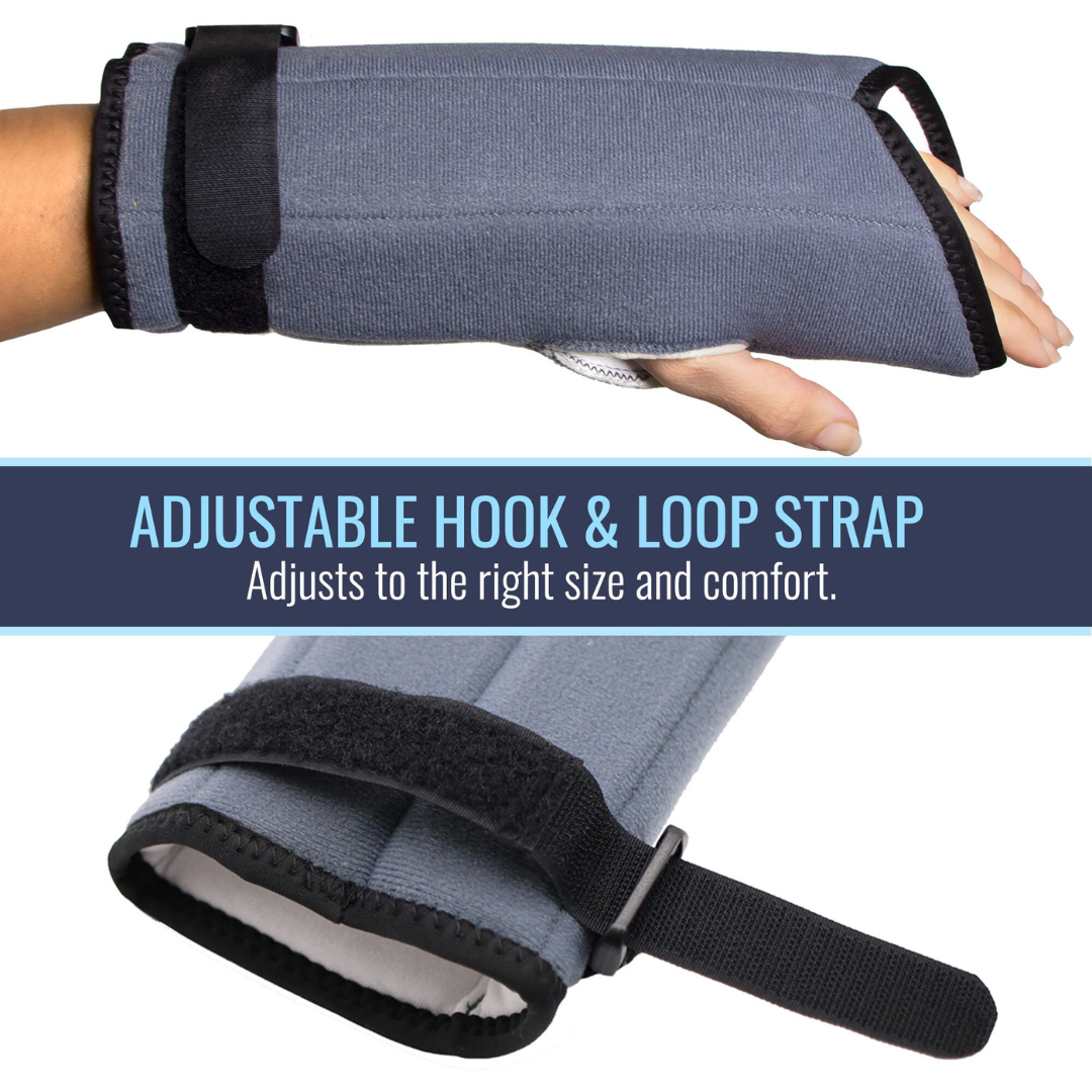 A person’s hand and wrist are shown wearing the Heelbo Night Wrist Support Brace in gray, featuring adjustable black hook & loop straps. Text below reads: “ADJUSTABLE HOOK & LOOP STRAP. Custom fit for carpal tunnel pain relief.”.