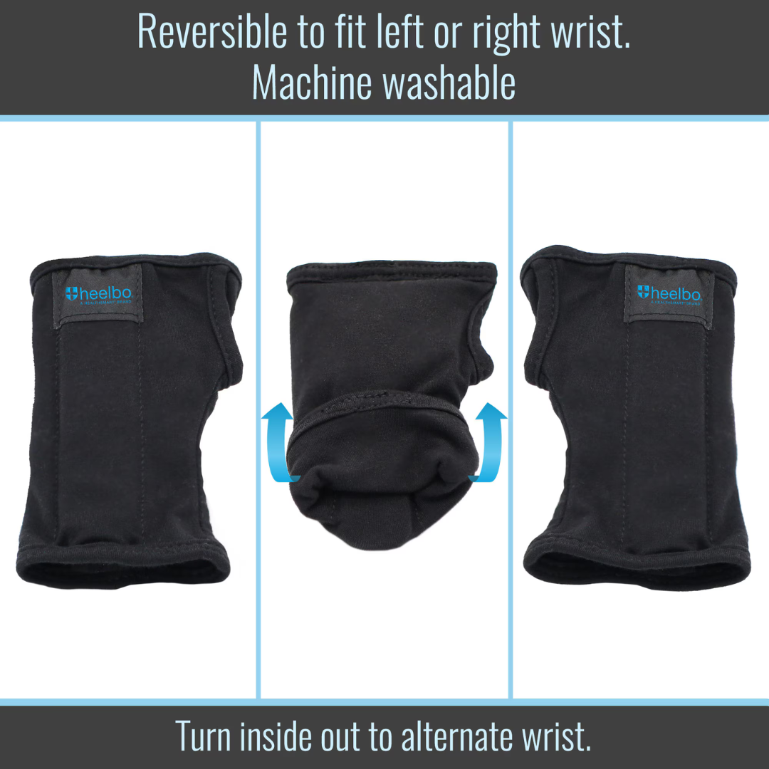 Three black Heelbo Carpal Tunnel Wrist Braces, designed to fit left or right hand, are shown side by side. They highlight a reversible design, are machine washable, and provide effective relief from wrist pain.