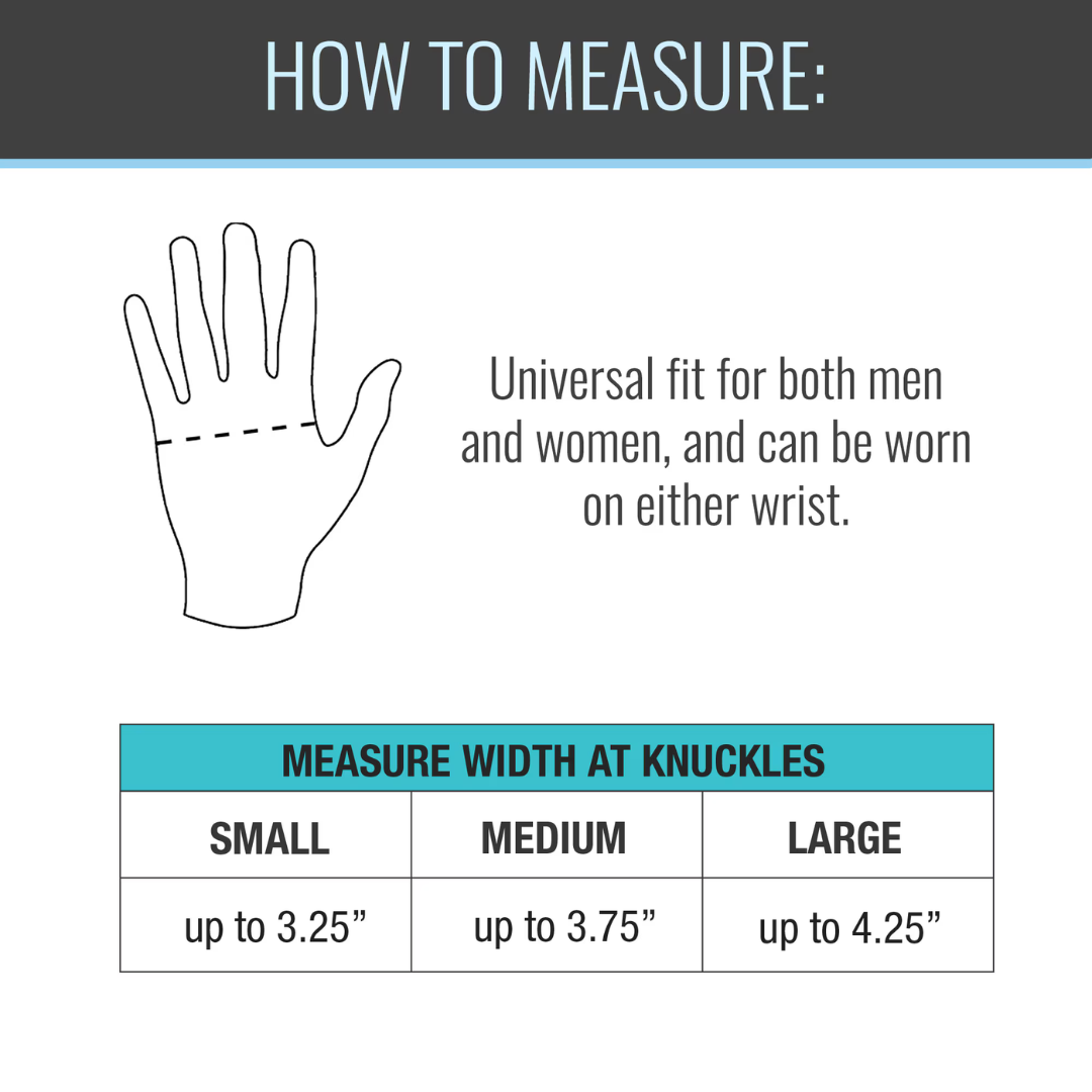 Diagram shows how to measure hand width at the knuckles for universal sizing—essential for choosing a Heelbo Carpal Tunnel Wrist Brace (fits left & right hands). Sizes: small (up to 3.25"), medium (up to 3.75"), large (up to 4.25").