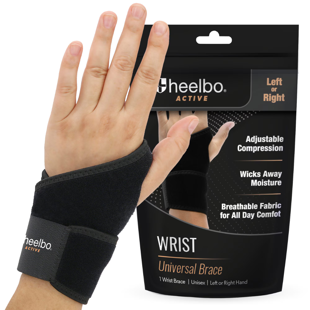 A hand wears the Heelbo® Universal Support Wrist Compression Brace, raised before packaging that showcases adjustable compression, moisture-wicking, and breathable fabric to relieve carpal tunnel and wrist pain.