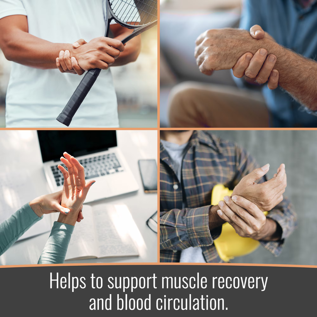 A collage of four people using the Heelbo® Universal Support Wrist Compression Brace, with text below that reads: Supports muscle recovery, blood circulation, and provides wrist pain relief.