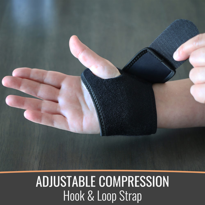 A hand wears the Heelbo® Universal Support Wrist Compression Brace with a hook & loop strap being fastened. Text below reads: ADJUSTABLE COMPRESSION Hook & Loop Strap for wrist pain relief.