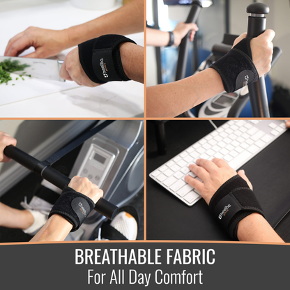 Four photos show a person wearing the Heelbo® Universal Support Wrist Compression Brace while chopping vegetables, gripping gym equipment, typing, and holding a treadmill. Text: “Breathable fabric for all day carpal tunnel relief.”.
