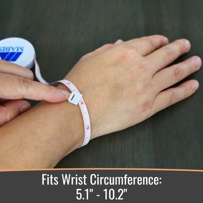 A hand measures a 7-inch wrist with a tape. Fits Wrist Circumference: 5.1–10.2 inches. Ideal for wrist pain relief or as a carpal tunnel brace. Product shown: Heelbo® Universal Support Wrist Compression Brace.