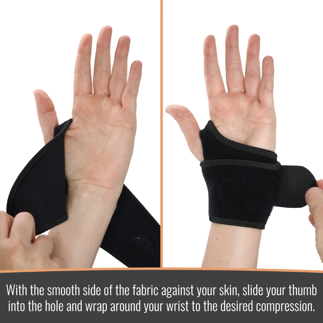 Two hands show how to put on the Heelbo® Universal Support Wrist Compression Brace: one image shows the thumb in the brace, the other shows wrapping it around the wrist for compression and relief from carpal tunnel or wrist pain.