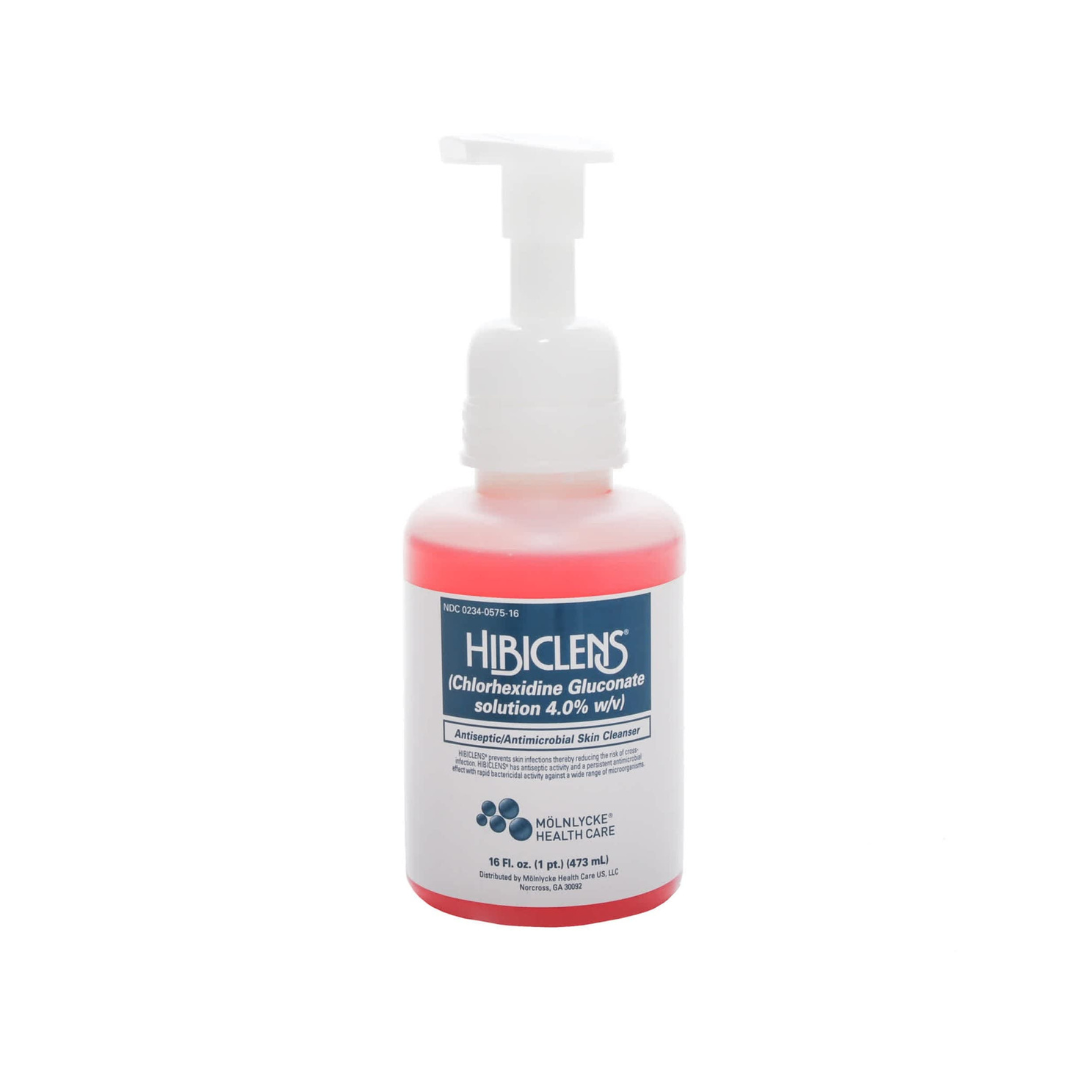 A 16 oz bottle of Hibiclens Antiseptic Antimicrobial Skin Cleanser (4% chlorhexidine gluconate) comes with a pump dispenser. The white bottle holds pink liquid and features a blue and white label.