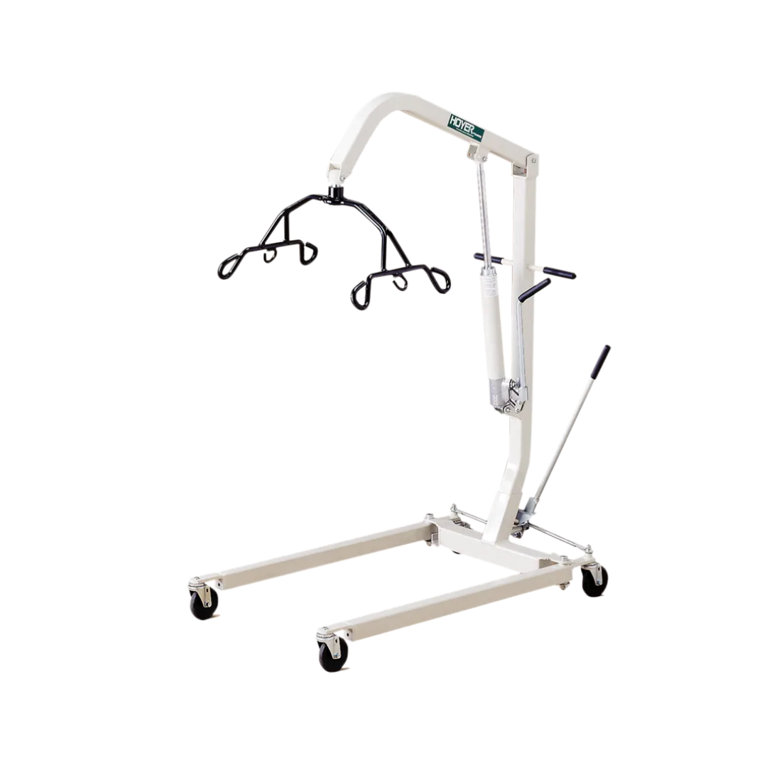The Joerns Hoyer Classic Hydraulic Patient Lift is a white manual lift with a metal frame, four caster wheels, a lifting arm, and a black sling attachment point. Ideal for safe homecare transfers; includes a free sling for added convenience.