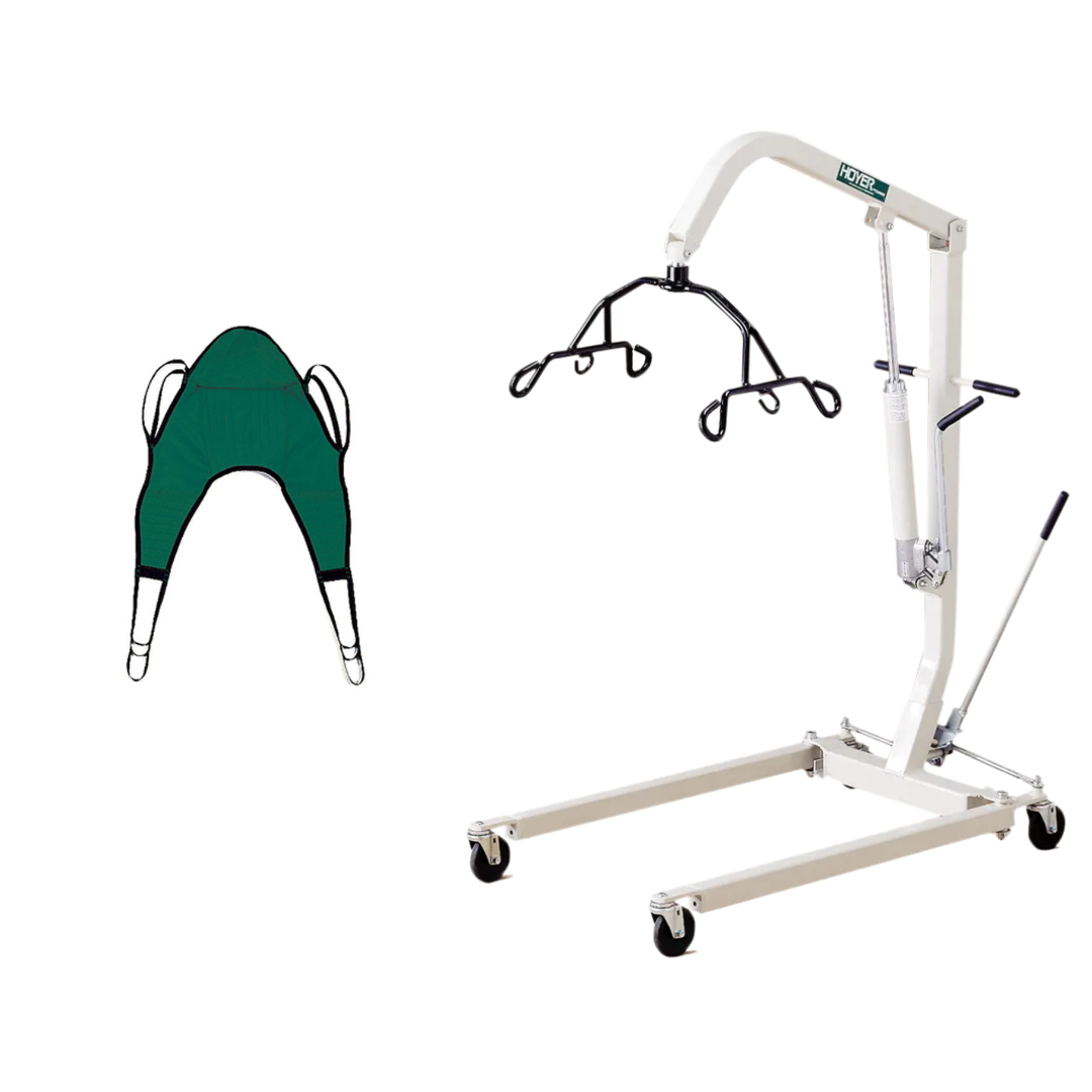 A green sling is displayed beside the Joerns Hoyer Classic Hydraulic Patient Lift, featuring wheels, a sturdy frame, and multiple hooks for easy attachment—ideal for convenient homecare lift solutions.