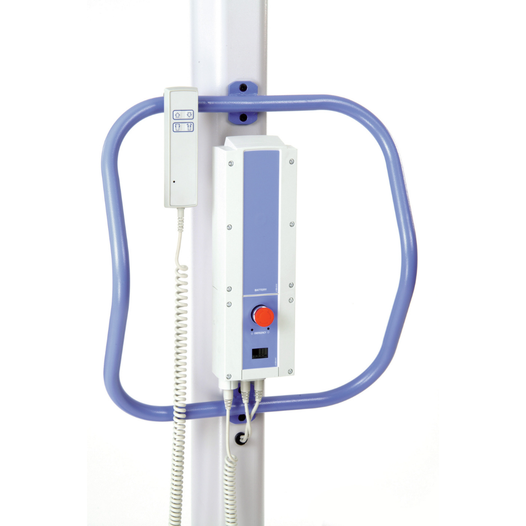 The Joerns Hoyer Journey® Sit-To-Stand Folding Electric Patient Lift features a blue and white control panel, red emergency button, coiled remote, and blue safety frame on a vertical pole, with an adjustable cradle to enhance caregiver efficiency.