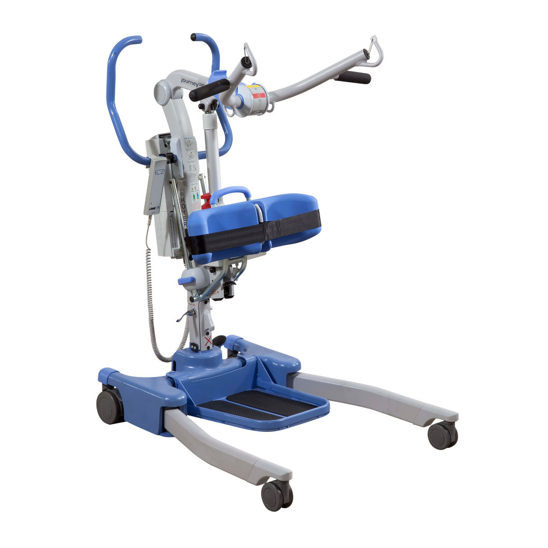 The Joerns Hoyer Journey® Sit-To-Stand Folding Electric Patient Lift features wheels, a padded seat, and supportive handles to help caregivers efficiently assist individuals with limited mobility in standing and transferring safely.