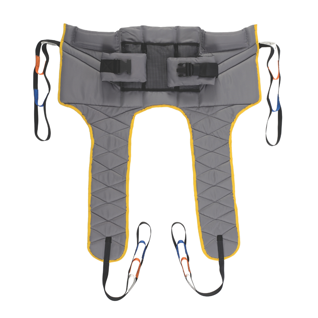 The Hoyer® Padded Access Loop Style Toileting Sling is grey with yellow trim, two wide leg supports, black safety buckles, and color-coded loops for secure patient transfers using Hoyer lifts.