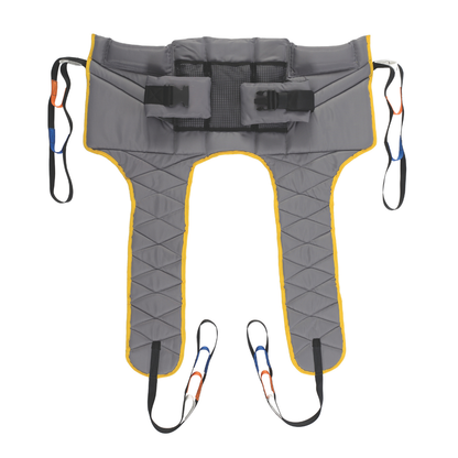 The Hoyer® Padded Access Loop Style Toileting Sling is grey with yellow trim, two wide leg supports, black safety buckles, and color-coded loops for secure patient transfers using Hoyer lifts.