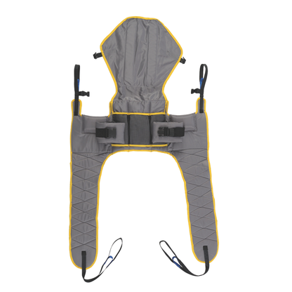 The Hoyer® Padded Access Loop Style Toileting Sling with Head Support is a gray and yellow sling featuring leg straps and black securing belts, designed for safe patient transfers and mobility assistance with Hoyer lifts.
