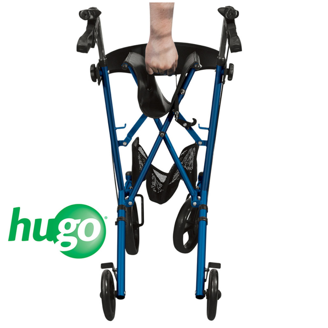 A blue Drive Hugo Sidekick Side-Folding Rollator is shown folded, carried by hand gripping its seat, with wheels close together and the Hugo logo in the lower left corner.