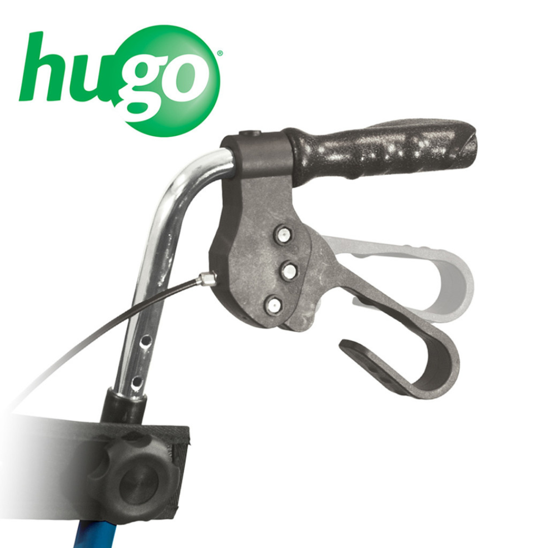 Close-up of a black handlebar grip and brake lever on the Drive Hugo Sidekick Side-Folding Rollator, with the green hugo logo in the top left corner on a white background.