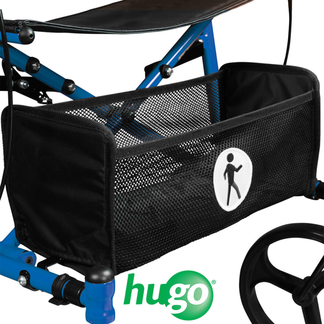 A close-up of a black mesh basket attached to a blue Drive Hugo Sidekick Side-Folding Rollator, featuring a walking person symbol on the basket and a green Hugo logo below.