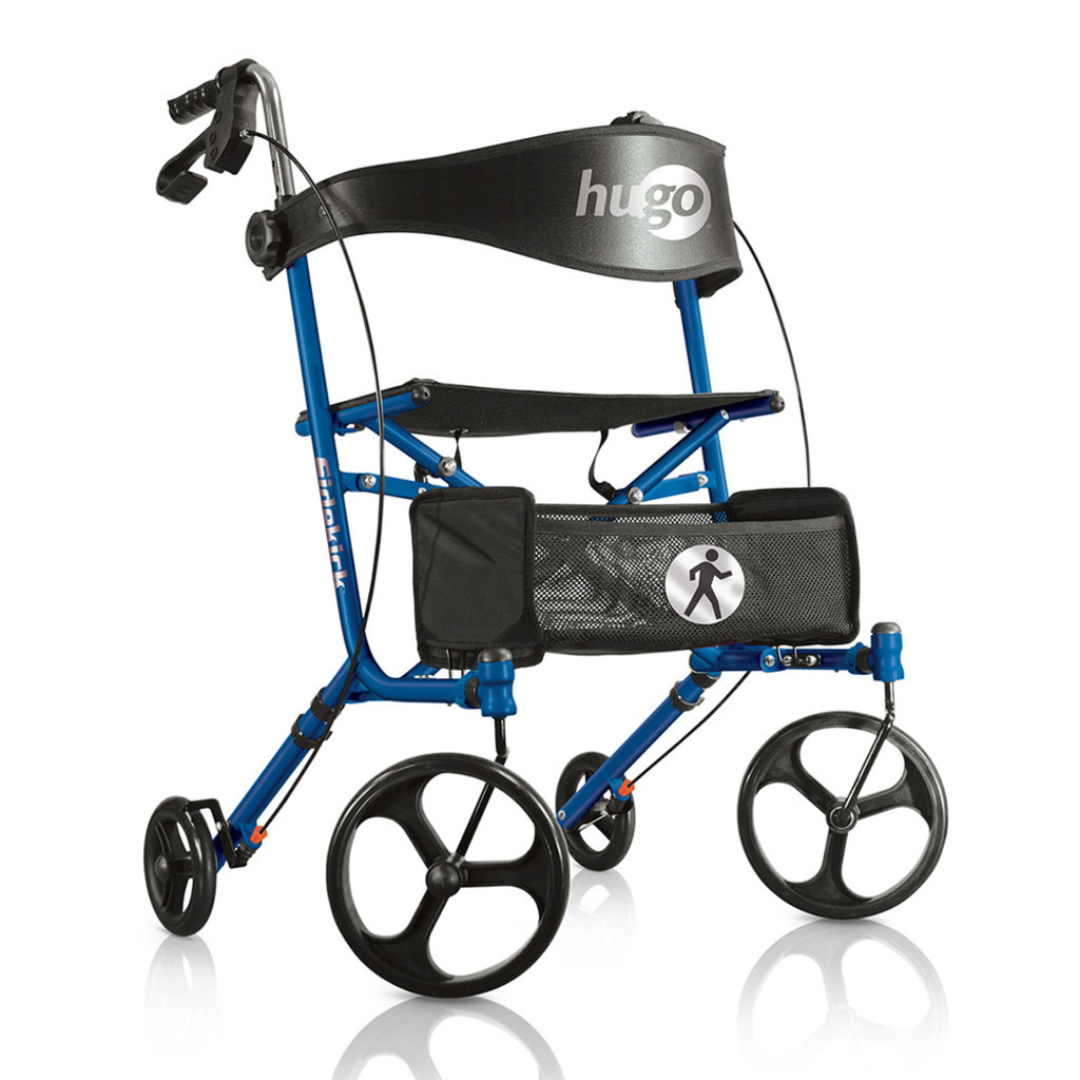 The Drive Hugo Sidekick Side-Folding Rollator is blue with four black wheels, a black seat, backrest, mesh storage pouch with a walking person symbol, and features hand brakes.