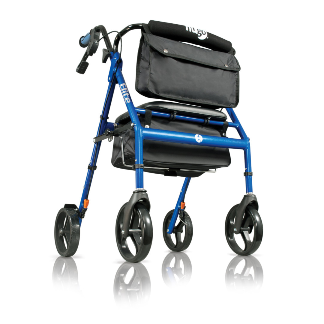 The Drive Hugo Elite Rolling Walker with a Seat is blue, has four large wheels, hand brakes, a black seat, and attached storage bags for mobility assistance.