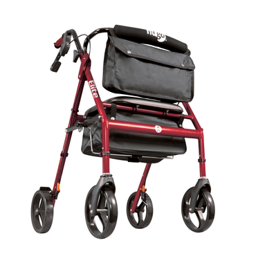 The Drive Hugo Elite Rolling Walker with a Seat is red, has four wheels, a padded black seat, black storage bags in front and under the seat, and features hand brakes on the handles for extra convenience.