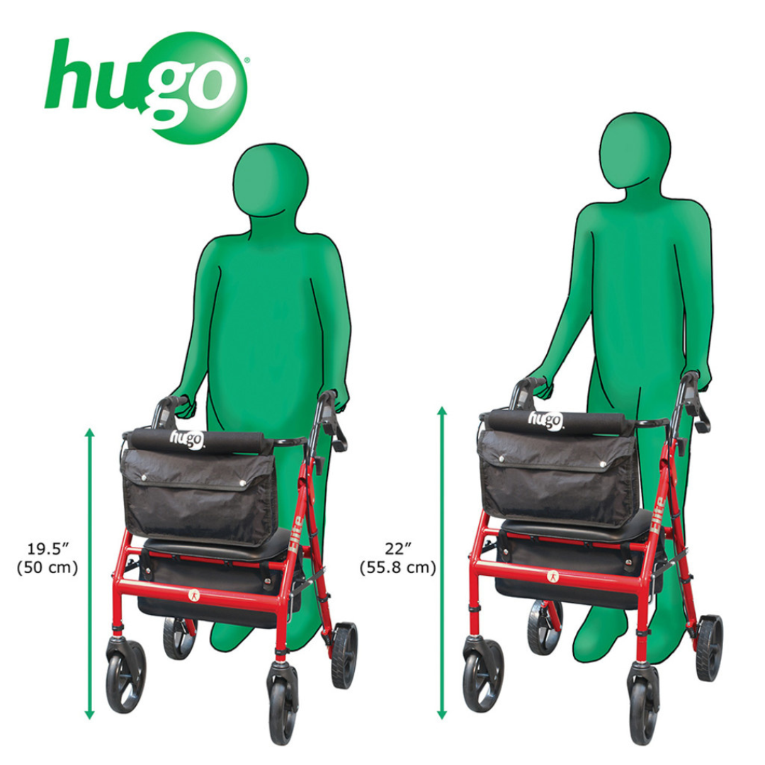 Two green human figures stand behind red Drive Hugo Elite Rolling walkers with seats and black storage bags. The left, shorter figure uses a walker at 19.5" (50 cm) handle height; the taller right one uses a 22" (55.8 cm) handle height.