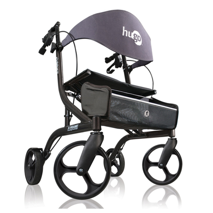 The Drive Hugo eXplore All-Terrain Side-Fold Rollator is a lightweight black mobility aid with large front wheels, mesh storage pouch, and a curved seat back—ideal for comfortable, reliable support on the go.