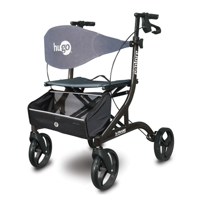 The Drive Hugo eXplore All-Terrain Side-Fold Rollator is a black, side-fold walker with four wheels, mesh storage basket, padded seat and “hugo” backrest, ergonomic brakes, and an X-frame for easy folding.