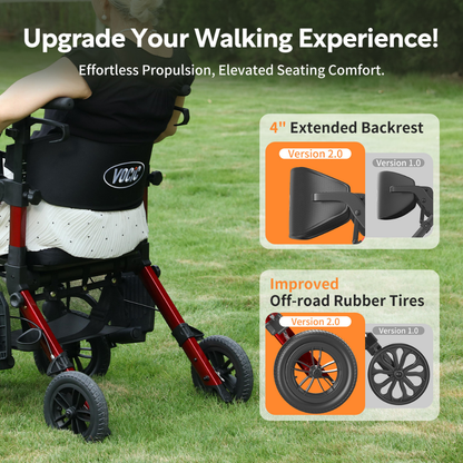A person in a wheelchair is on grass, highlighting features such as a 4-inch extended backrest and improved off-road rubber tires. The Hybrid Easy Shift 2-In-1 Rollator - Transport Chair | VOCIC Z51 is shown in both Version 2.0 and Version 1.0 with clearly labeled images and text, emphasizing upgraded design elements.