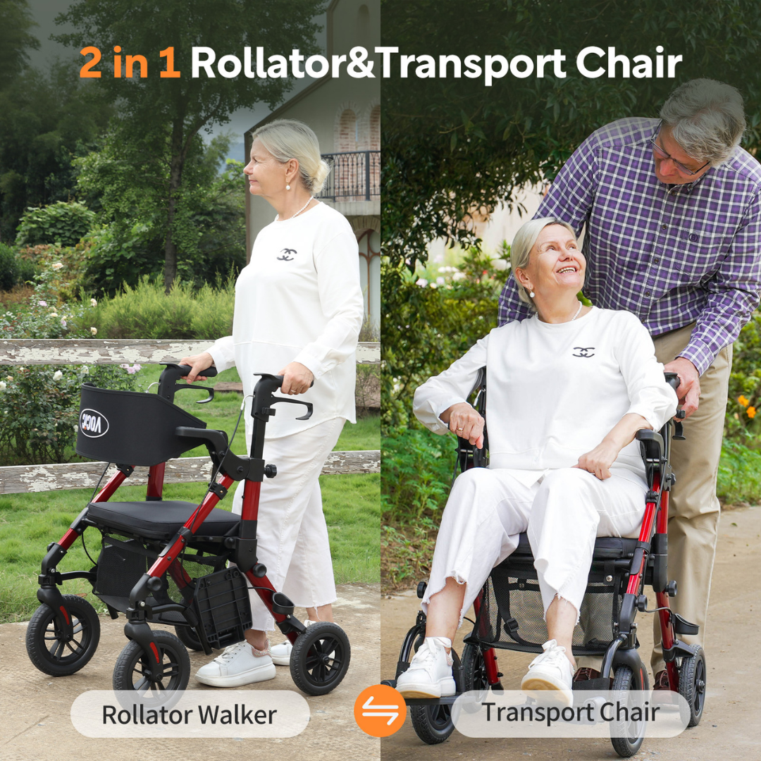 Split image showing a woman using the Hybrid Easy Shift 2-In-1 Rollator - Transport Chair | VOCIC Z51 as a rollator on the left, and seated in the same device being pushed as a transport chair by a man on the right.