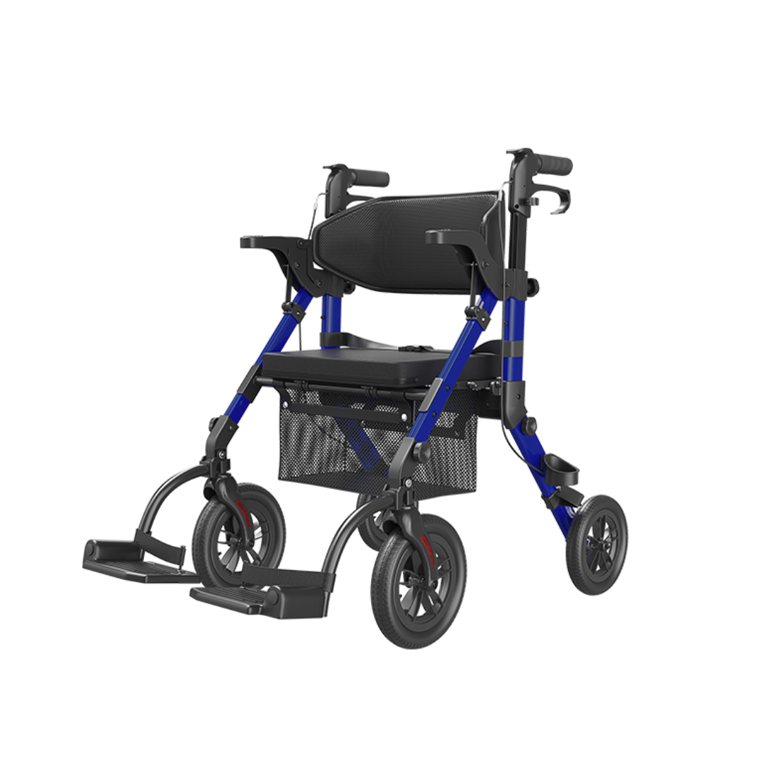 The Hybrid Easy Shift 2-In-1 Rollator - Transport Chair | VOCIC Z51 is a blue and black mobility aid featuring four wheels, a mesh basket, padded seat, footrests, and backrest, designed to function both as a rollator walker and as a transport chair.