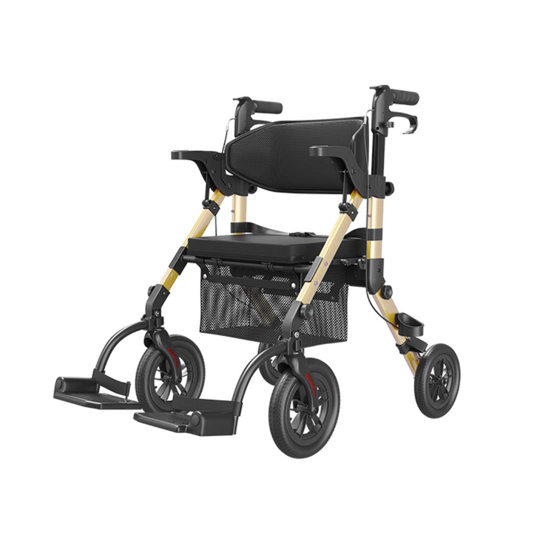 The Hybrid Easy Shift 2-In-1 Rollator - Transport Chair | VOCIC Z51 features a lightweight, foldable design with a sleek black and gold frame, mesh storage basket, and large black wheels, thoughtfully engineered to provide versatile mobility assistance.