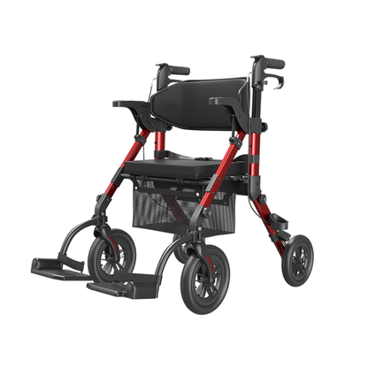 The VOCIC Z51 Hybrid Easy Shift 2-In-1 Rollator - Transport Chair, shown in red and black from a front angle on a white background, features a lightweight foldable design with armrests, footrests, and an under-seat mesh storage basket.