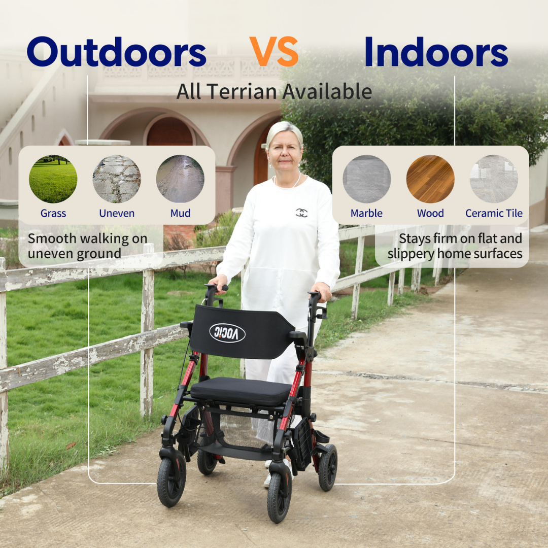An elderly woman with a walker stands outside on a paved path. Text compares outdoor (grass, uneven ground, mud) versus indoor use (marble, wood, tile), highlighting the stability and versatility of the Hybrid Easy Shift 2-In-1 Rollator - Transport Chair | VOCIC Z51 across different surfaces.