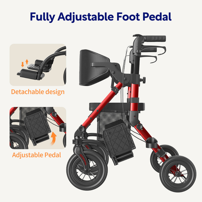 Hybrid Easy Shift 2-In-1 Rollator - Transport Chair | VOCIC Z51 shown in red with black, fully adjustable foot pedal and detachable design. Insets highlight the pedal adjustment and easy detachment features. Text reads: Fully Adjustable Foot Pedal.