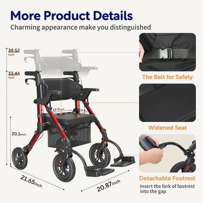 The VOCIC Z51 Hybrid Easy Shift 2-in-1 Rollator – Transport Chair features a red and black design with a widened seat, safety belt, and detachable footrests. Inset images showcase the versatile Shift Combo’s belt, seat, and footrest details, with product dimensions clearly labeled.