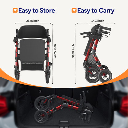Diagram showing the VOCIC Z51 Hybrid Easy Shift 2-In-1 Rollator-Transport Chair in red and black, displayed both upright and folded with measurements. Below, the folded chair fits easily into a car trunk. Text: Easy to Store and Easy to Carry.