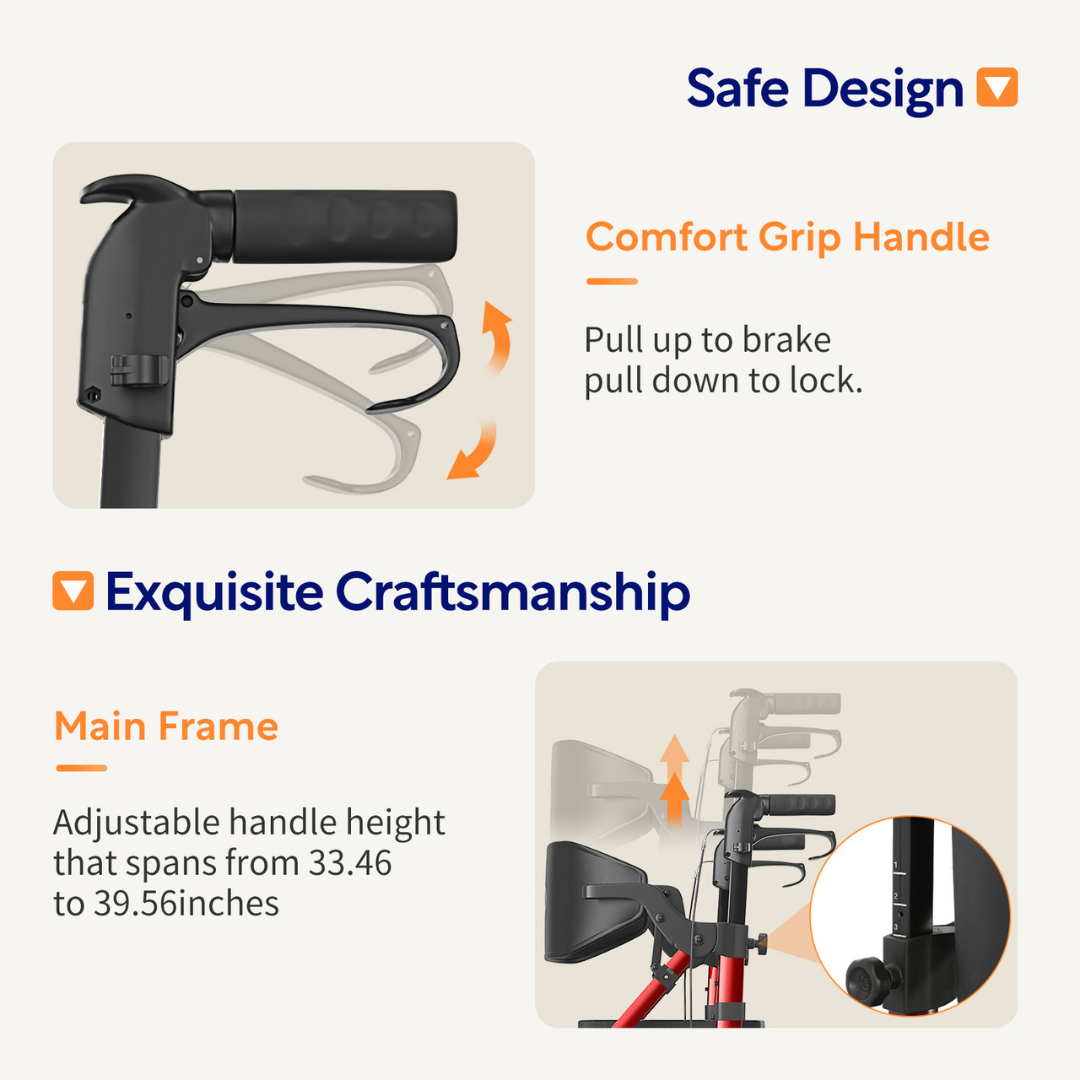 Diagram illustrating the VOCIC Z51 Hybrid Easy Shift 2-In-1 Rollator - Transport Chair, featuring a comfort grip handle with pull-up brake and handle lock, as well as an adjustable main frame handle height—emphasizing its safe design and superior craftsmanship.