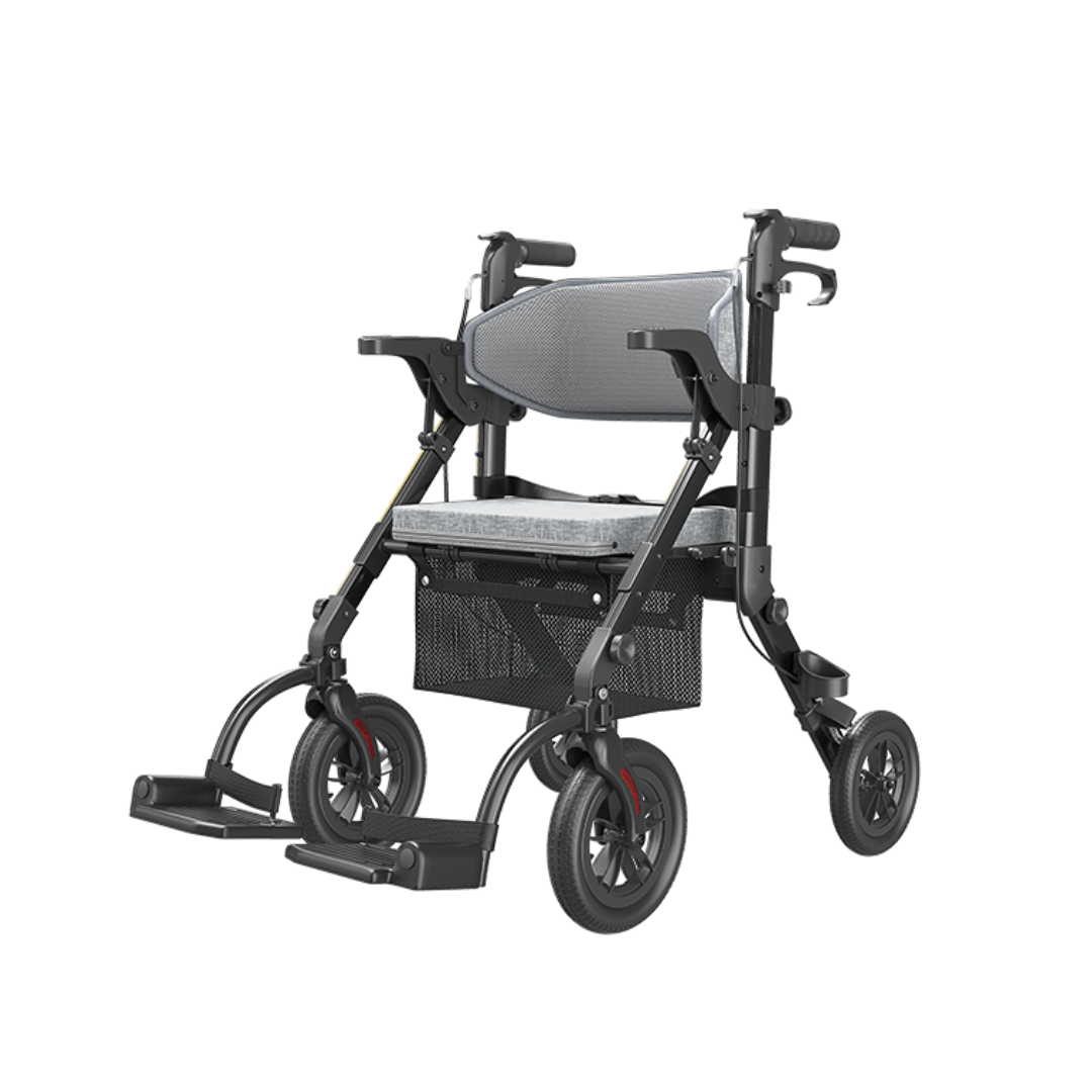 The Hybrid Easy Shift 2-In-1 Rollator - Transport Chair | VOCIC Z51 is a lightweight, foldable mobility aid featuring a mesh backrest, cushioned seat, armrests, footrests, storage basket under the seat, and four sturdy wheels. This versatile 2-in-1 Shift Combo offers enhanced mobility and convenience as both a rollator and transport chair.