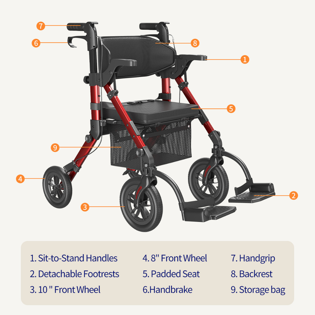 The Hybrid Easy Shift 2-In-1 Rollator - Transport Chair | VOCIC Z51 in red and black features clearly labeled sit-to-stand handles, detachable footrests, padded seat, front and rear wheels, handbrake, ergonomic handgrip, supportive backrest, and a convenient storage bag. Its versatile design seamlessly transforms from a rollator walker into a transport chair for enhanced convenience and mobility.