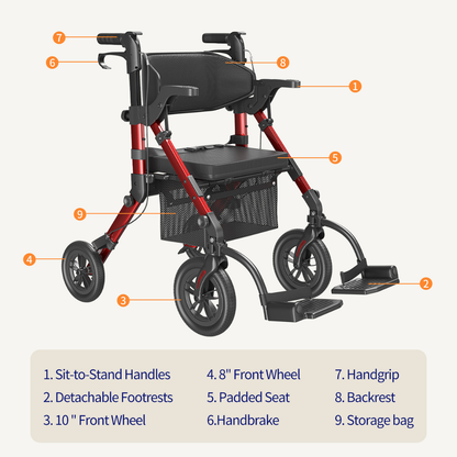 The Hybrid Easy Shift 2-In-1 Rollator - Transport Chair | VOCIC Z51 in red and black features clearly labeled sit-to-stand handles, detachable footrests, padded seat, front and rear wheels, handbrake, ergonomic handgrip, supportive backrest, and a convenient storage bag. Its versatile design seamlessly transforms from a rollator walker into a transport chair for enhanced convenience and mobility.