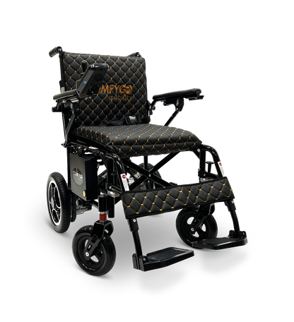 The ComfyGo X-7 Lightweight Foldable Electric Wheelchair, in black and gold with a quilted design, features footrests and a right-armrest control panel. Its lightweight at just 40 lbs, portable with powerful motors, and is shown against a white backdrop.